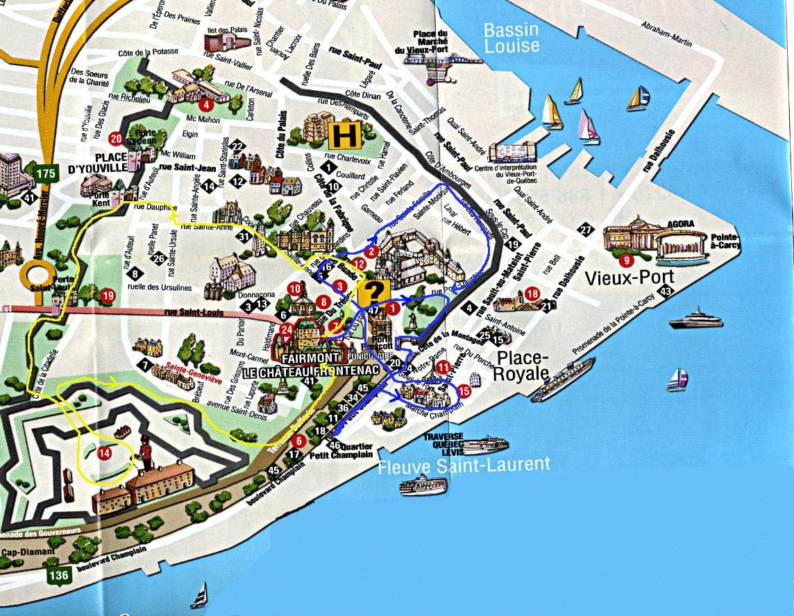 kat jeyografik nan old Quebec ak atraksyon